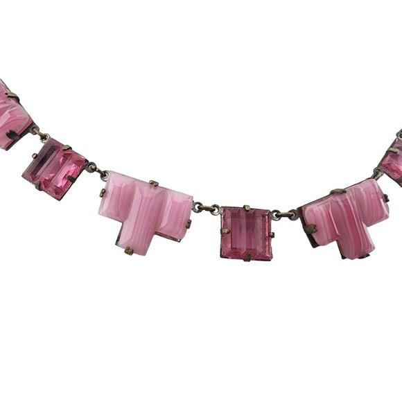 Antique Super Rare Opaque Striated & Clear Art Deco Vauxhall Necklace (A3270) - Picture 5 of 8